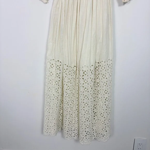 Free People Perfect Storm Midi Dress Ivory Lace Eyelet Smocked Puff Sleeve Small - Picture 4 of 7